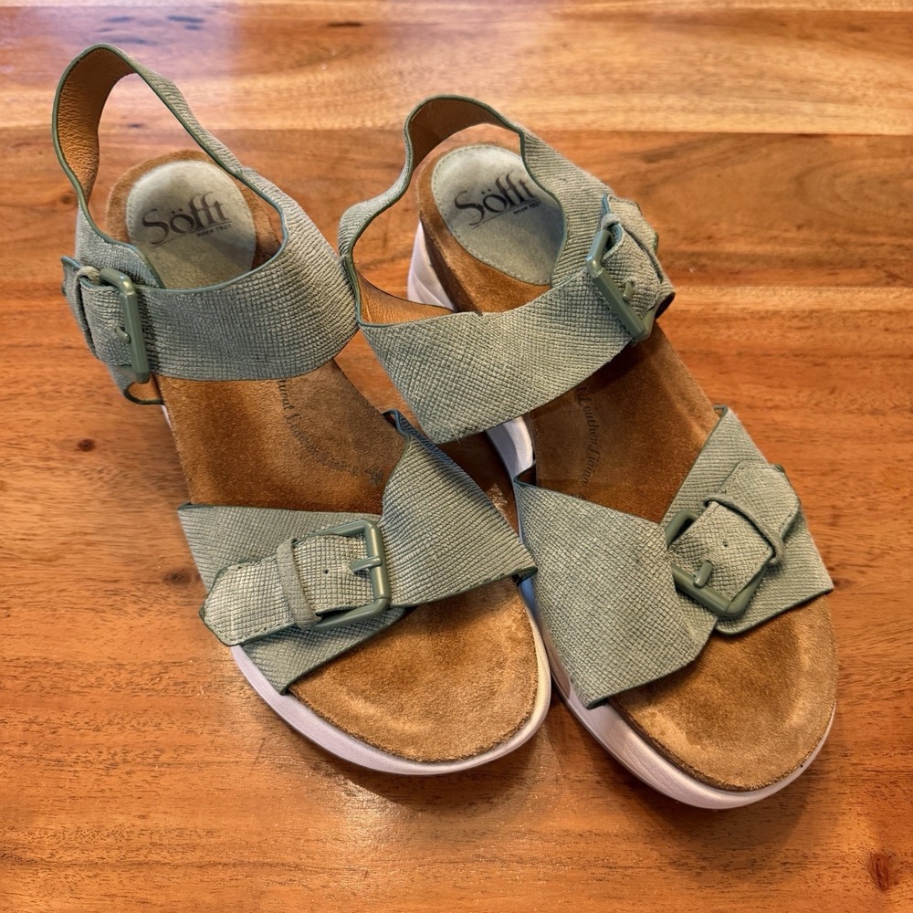 SOFFT Castello Sporty Leather Wedge 2.75" Lightweight Sandal Green Womens US 9.5
